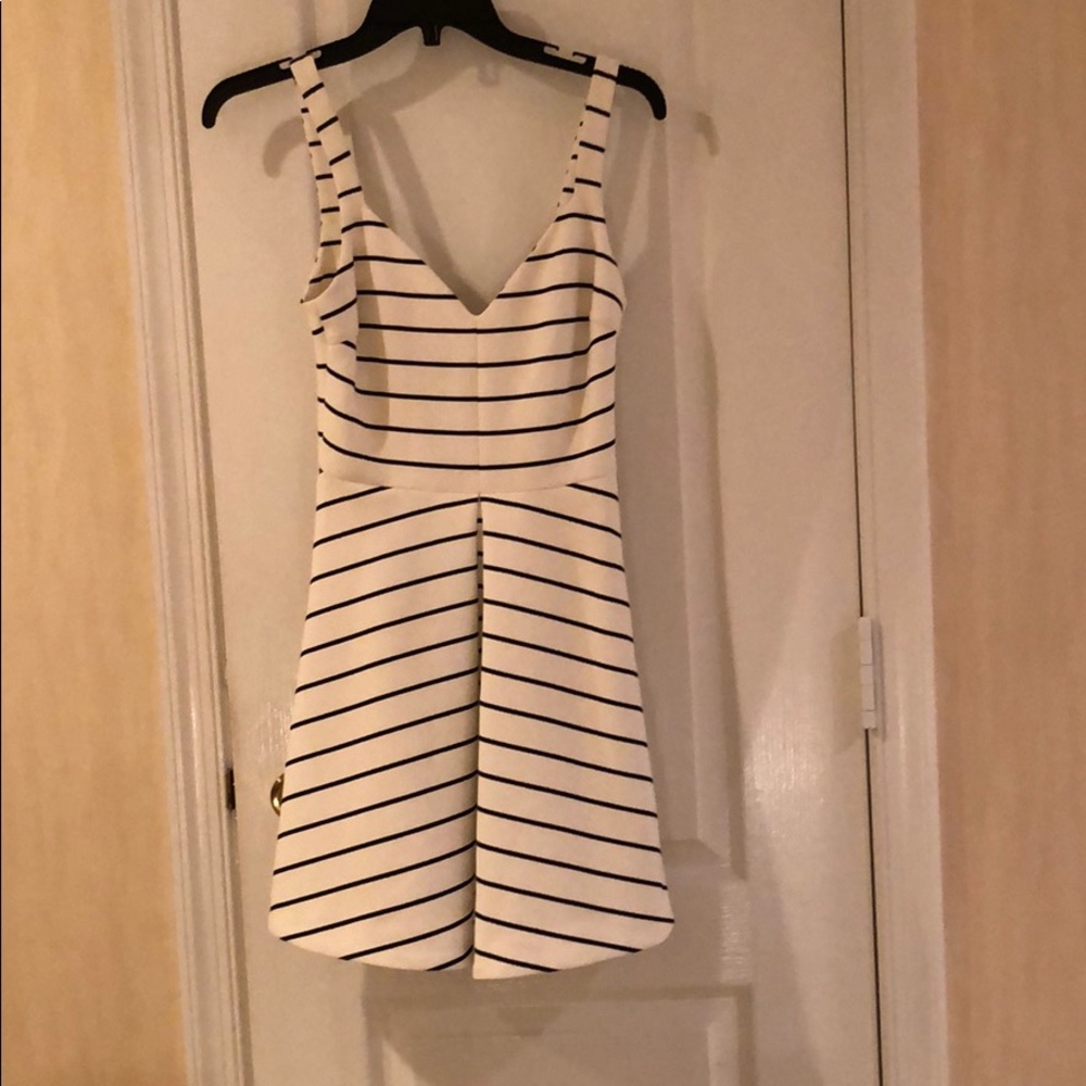 Likely navy and white stripe fit and flare dress